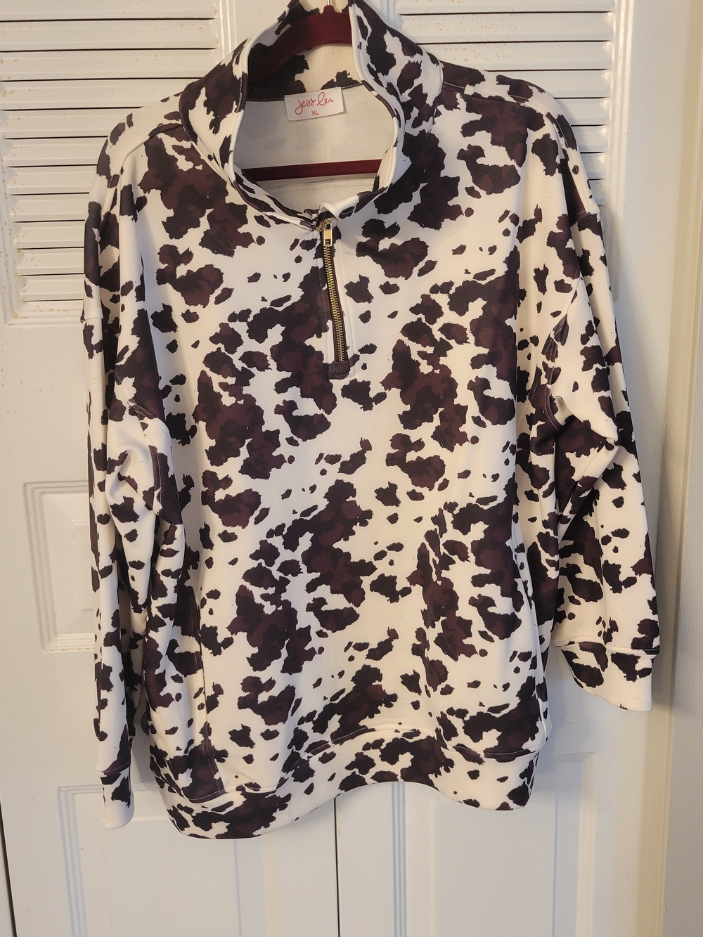 Jess Lea Cow-Print Quarter-Zip Pullover Sweatshirt - White & Brown